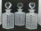 Set Of 3 Antique 19th Century Quality Cut Glass Square Decanters + Stoppers