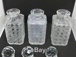 Set of 3 Antique 19th Century Quality Cut Glass Square Decanters + Stoppers