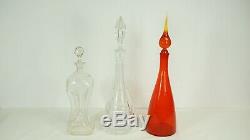 Set of 3 Decanters Blenko Red Crackle Glass Cut Crystal & Etched Decanter