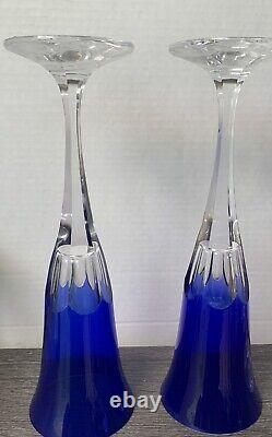 Set of 4 Bohemian Cobalt Blue Cut to Crystal Champagne Flutes