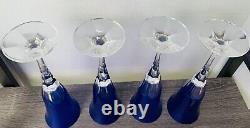 Set of 4 Bohemian Cobalt Blue Cut to Crystal Champagne Flutes