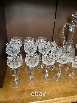 Set of Bohemian Crystal Star Pattern Cut Glass Wine Glasses and Decanter 22 pcs