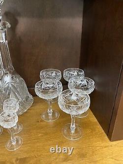 Set of Bohemian Crystal Star Pattern Cut Glass Wine Glasses and Decanter 22 pcs