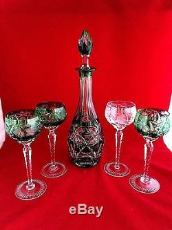 Set of Czech Bohemian Emerald Green Decanter and 4 Crystal Cut to Clear Goblets