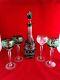 Set Of Czech Bohemian Emerald Green Decanter And 4 Crystal Cut To Clear Goblets