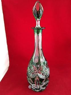 Set of Czech Bohemian Emerald Green Decanter and 4 Crystal Cut to Clear Goblets