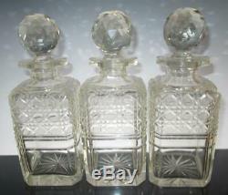 Set of Three Antique Cut Glass Hobnail Decanters, for Tantalus 9 x 3 1/4