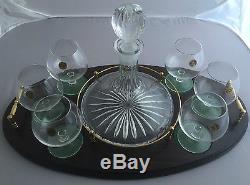 Ships Oval Tray With 24% Lead Crystal Decanter And Six Brandy Glasses