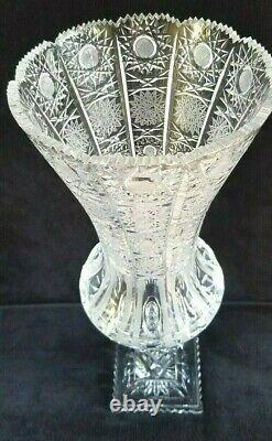 Signed 19 Tall Bohemian Czech Crystal Vase Urn Hand Cut Queen Lace