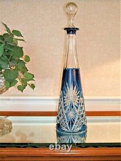 St. Louis Crystal Cut to Clear Tall Blue Decanter in Sky Blue Chantilly Pattern