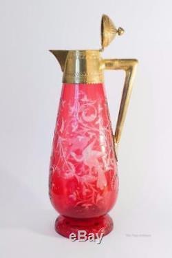 Stevens & Williams Silver Gilt Cranberry Cut Glass Claret Jug or Decanter c. 1900