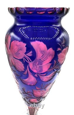 Stevens & Williams-Two Color-Cobalt Blue/Cranberry Cut Glass Vase Intaglio Cut