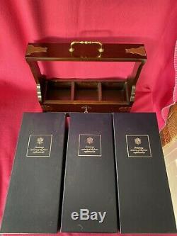 Stuart Crystal Large 3 Decanter Wood & Brass Tantalus with Key & Original Boxes