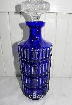Stunning Antique Bohemian Cobalt Blue Cut to Clear Crystal Glass Wine Decanter
