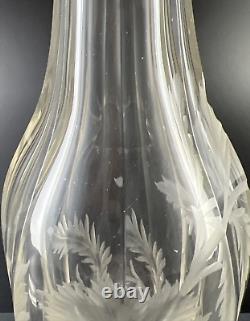 Stunning Antique Panel Cut Glass with Intricate Intaglio Flower 11 3/8 Decanter