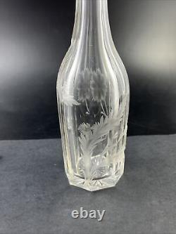 Stunning Antique Panel Cut Glass with Intricate Intaglio Flower 11 3/8 Decanter