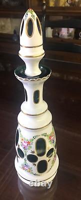 Stunning Bohemian Czech White Cut To Green Glass Decanter 14 7/8 height