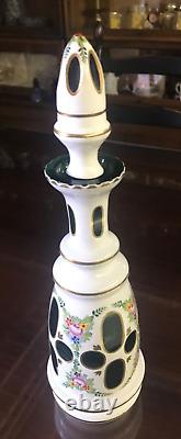 Stunning Bohemian Czech White Cut To Green Glass Decanter 14 7/8 height