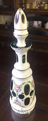 Stunning Bohemian Czech White Cut To Green Glass Decanter 14 7/8 height