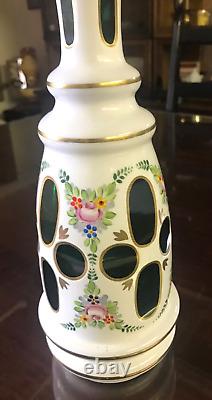 Stunning Bohemian Czech White Cut To Green Glass Decanter 14 7/8 height