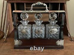 Stunning c1900s Edwardian Oak & Silverplate Tantalus With Cut Glass Decanters