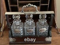 Stunning c1900s Edwardian Oak & Silverplate Tantalus With Cut Glass Decanters