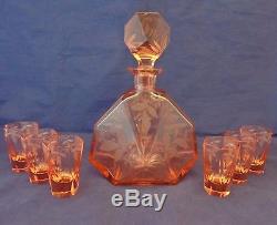 Superb Art Deco Cut Pink Glass Liqueur Decanter 6 Glasses Set Val St Lambert