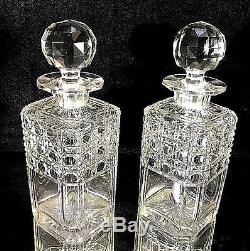TANTALUS LIQUOR BOTTLES English Cut Glass Orig Stoppers Pair CANE CUTTING