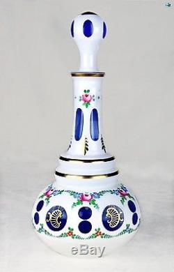 Tall Bohemian Hand Painted Glass With Gold Trim White Cut to Blue Decanter