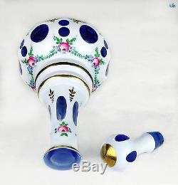 Tall Bohemian Hand Painted Glass With Gold Trim White Cut to Blue Decanter