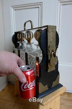 Tantalus 3x Hand Cut Glass Original Decanters Gold Effect Bottles Brass Lock Key