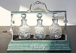 Tantalus Set Crystal Decanters Shagreen Silver Plated