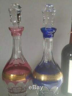 Tharaud Two Cut to Clear Crystal Cordial Decanters Cobalt and Cranberry