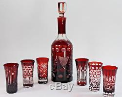 Tozai Bohemian Style Ruby Red Cut to Clear Glass Liquor Decanter & 6 Glasses Set