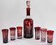 Tozai Bohemian Style Ruby Red Cut To Clear Glass Liquor Decanter & 6 Glasses Set