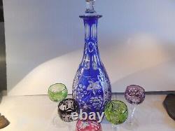 Traub by Nachtmann Blue Cut to Glass Decanter with 5 various colors Cordials