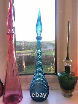 Turquoise Hobnail Diamond Cut Genie Bottle Decanter 1960s Glass Empoli MCM
