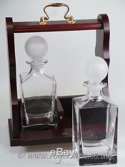 Twin Wood Tantalus With Heavy Glass Decanters With Golf Ball Style Stopper