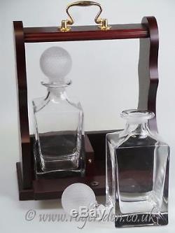 Twin Wood Tantalus With Heavy Glass Decanters With Golf Ball Style Stopper