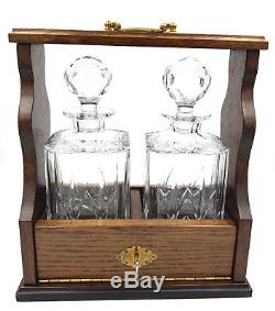 Two Edinburgh Crystal Square Decanters Solid Oak Frame Tantalus Brass Fittings