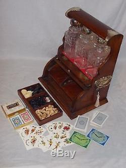 Unusual Antique Victorian Oak Games Compendium Tantalus 3 Cut Glass Decanters