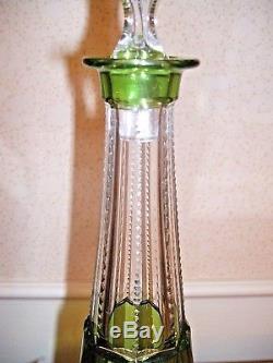 VAL ST. LAMBERT CITRON GREEN CUT TO CLEAR CASED CRYSTAL DECANTER WithORIG STOPPER