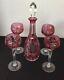 Val St Lambert Cranberry Cased Cut To Clear Crystal Decanter + 4 Wine Goblets 8