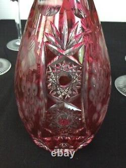 VAL ST LAMBERT CRANBERRY CASED CUT TO CLEAR CRYSTAL DECANTER + 4 Wine Goblets 8