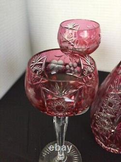 VAL ST LAMBERT CRANBERRY CASED CUT TO CLEAR CRYSTAL DECANTER + 4 Wine Goblets 8