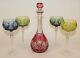 Val St Lambert Cranberry Cut To Clear Decanter With4 Wine Hock Goblets