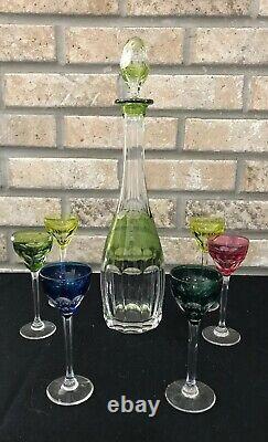 VAL ST LAMBERT CUT TO CLEAR CRYSTAL Multi Color DECANTER 6 CORDIALS MID CENTURY