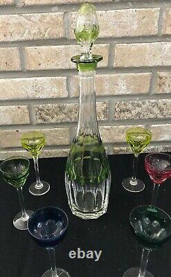 VAL ST LAMBERT CUT TO CLEAR CRYSTAL Multi Color DECANTER 6 CORDIALS MID CENTURY