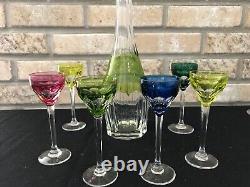 VAL ST LAMBERT CUT TO CLEAR CRYSTAL Multi Color DECANTER 6 CORDIALS MID CENTURY