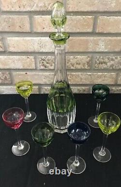 VAL ST LAMBERT CUT TO CLEAR CRYSTAL Multi Color DECANTER 6 CORDIALS MID CENTURY